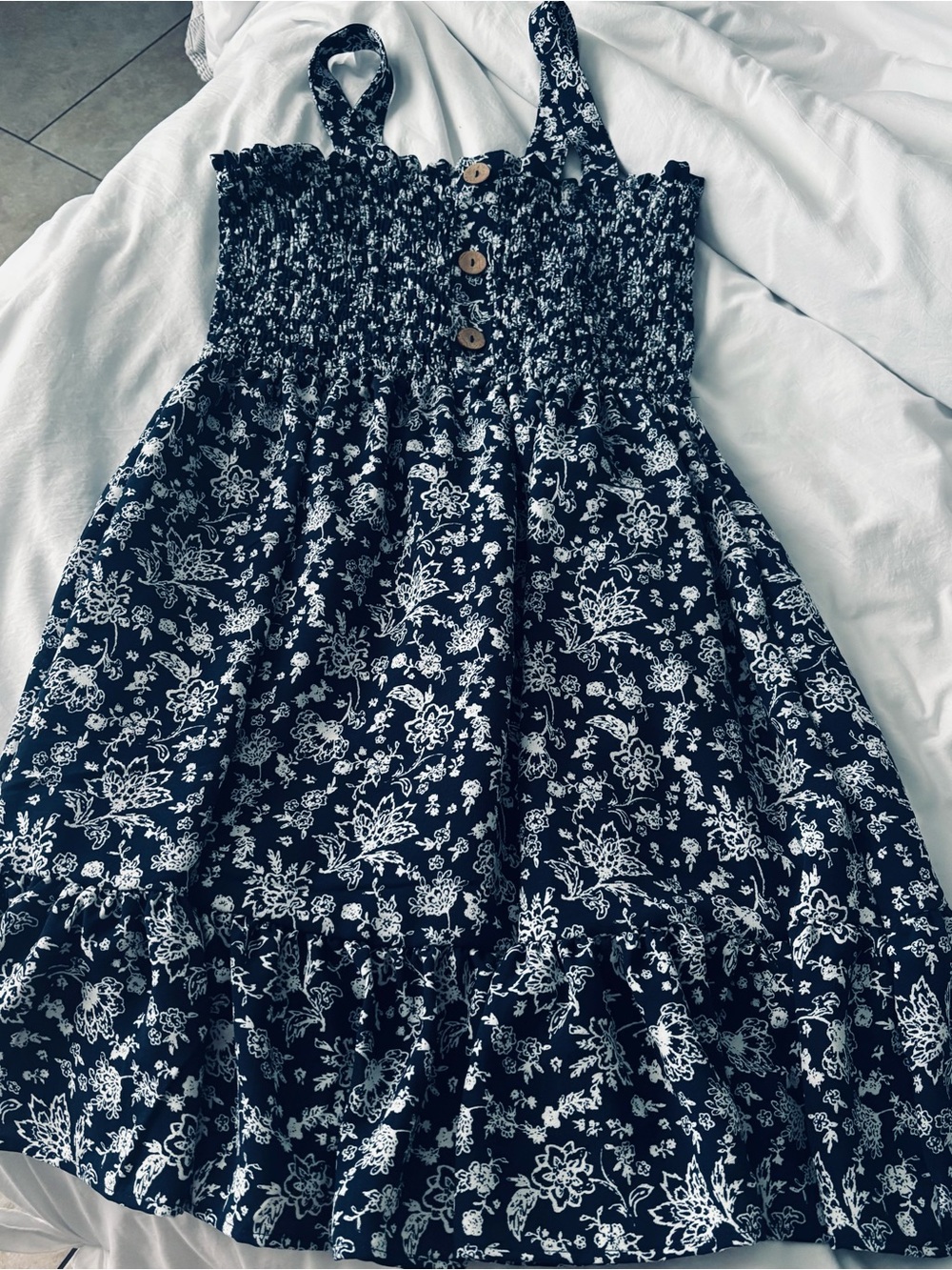 Smocked Floral Sundress - Navy/White